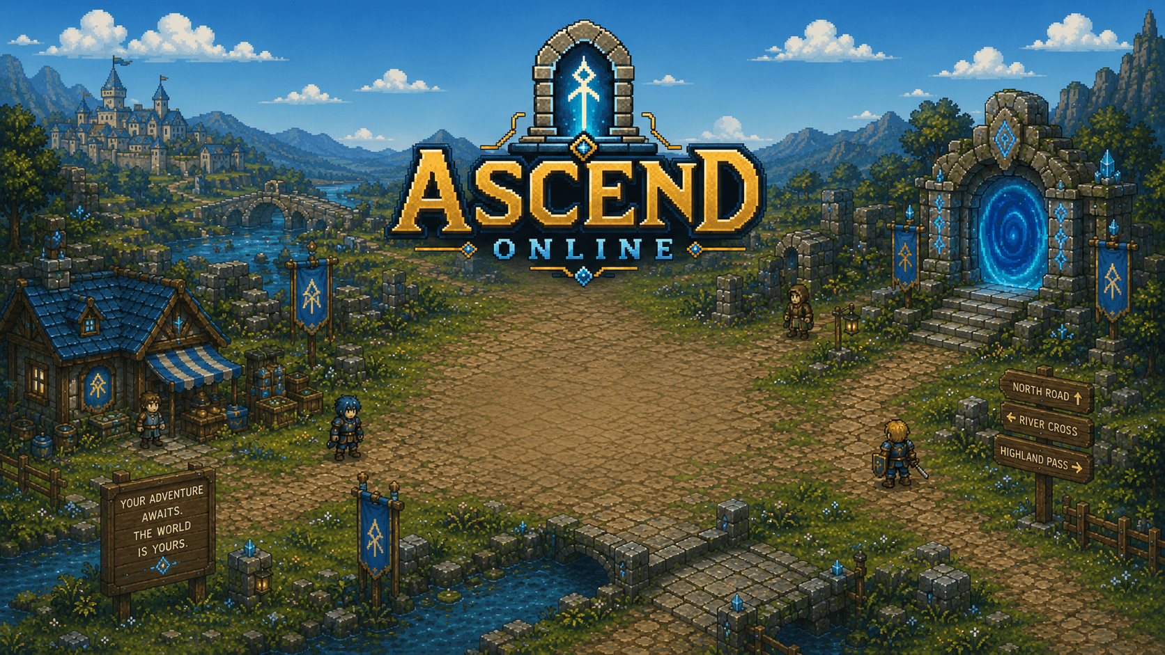 Ascend Online pixel-art overworld showing portal ruins, signs, roads, and a classic browser MMO town approach.